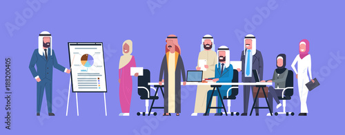 Arab Business People Group Meeting Presentation Flip Chart With Finance Data, Muslim Businesspeople Team Training Conference Flat Vector Illustration