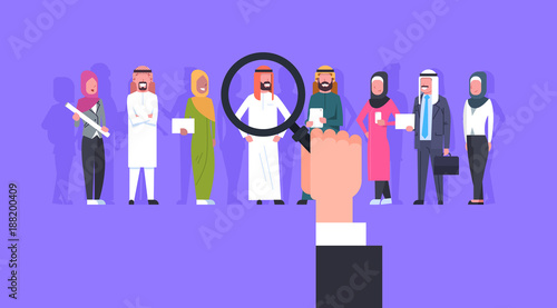 Recruitment Hand Zoom Magnifying Glass Picking Business Person Candidate From Arab People Group Flat Vector Illustration