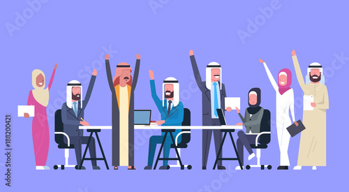 Group Of Cheerful Arabic Business People Happy Hold Raised Hands Muslim Workers Team Success Flat Vector Illustration