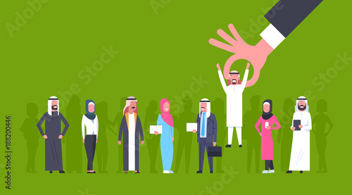 Recruitment Hand Picking Arab Man Candidate From Eastern People Group Hiring Flat Vector Illustration