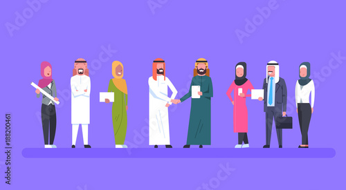 Two Arab Businessman Leaders Handshake Over Team Of Muslim Business People Partnership And Agreement Concept Flat Vector Illustration