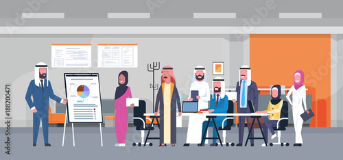 Arab Business People Group Meeting Presentation Flip Chart With Finance Data, Muslim Businesspeople Team Training Brainstorming In Modern Office Flat Vector Illustration