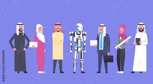 Human And Robot Cooperation, Arab Business People Group With Modern Robotic, Artificial Intelligence Concept Flat Vector Illustration