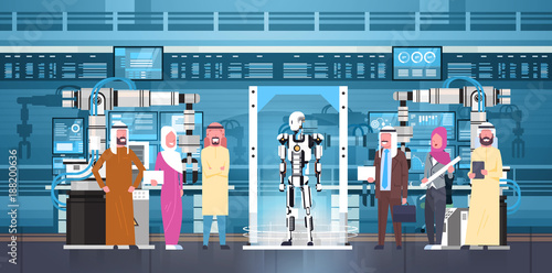 Robot Production Arab Business People Group At Modern Factory Robotic Industry, Artificial Intelligence Concept Flat Vector Illustration