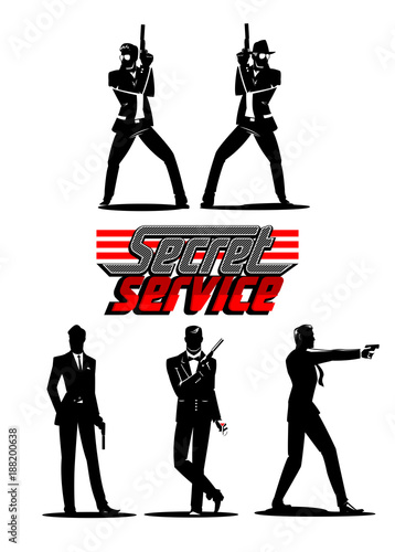 2503216 Set of super agents. Posing on camera. Man in black.