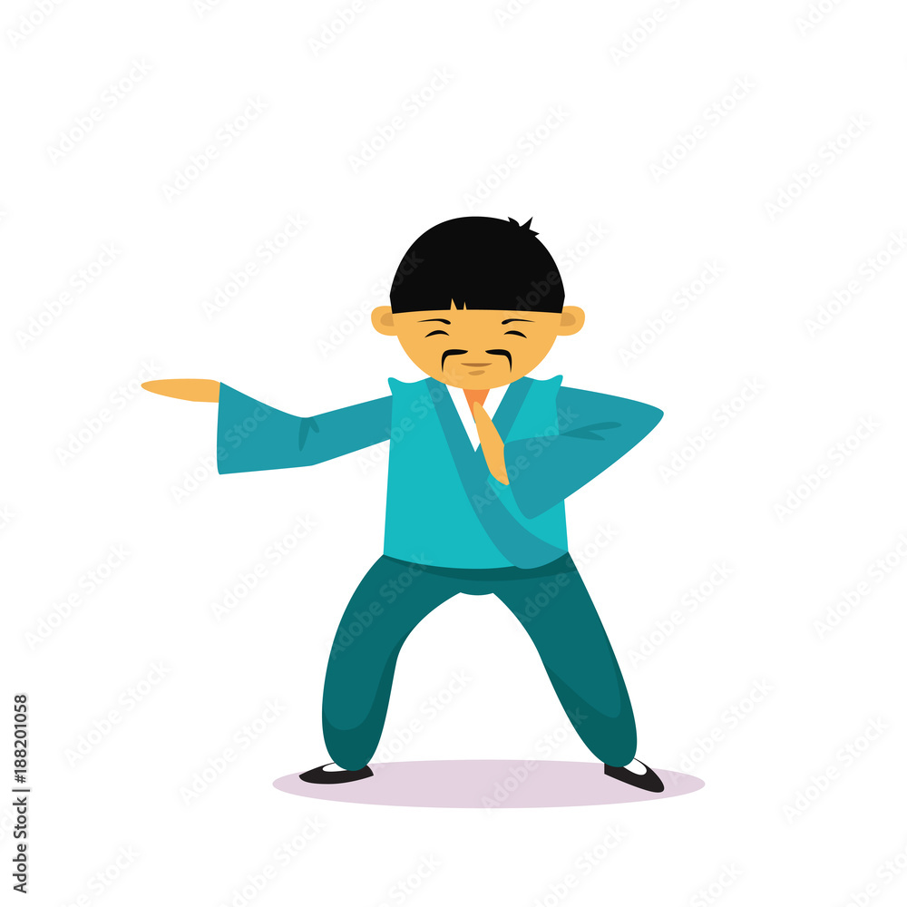 Asian Man Cartton Character Wearing Traditional Clothes Kimono Showing Martial Arts Isolated Over White Background Flat Vector Illustration