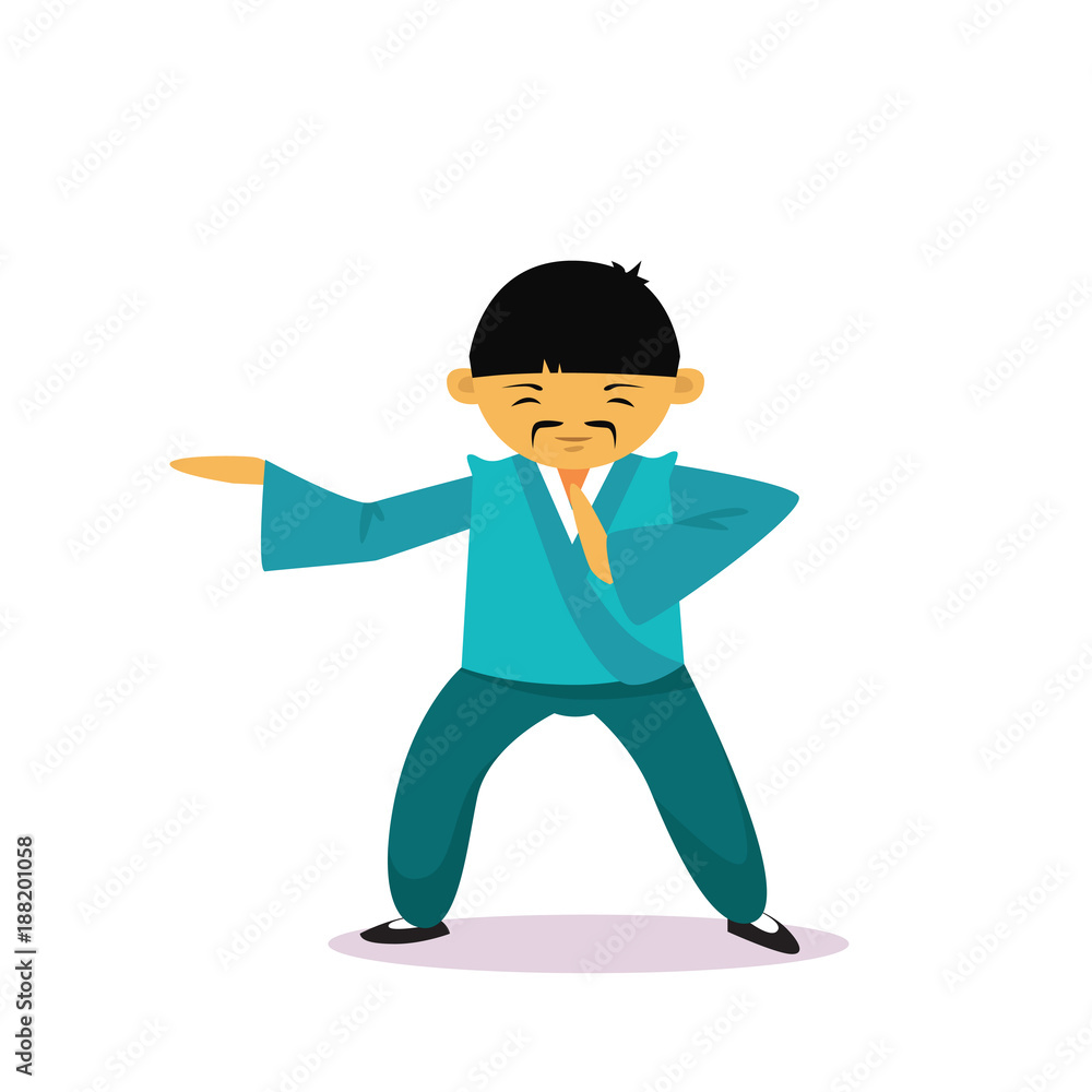 Asian Man Cartton Character Wearing Traditional Clothes Kimono Showing Martial Arts Isolated Over White Background Flat Vector Illustration Asian Man Cartton Character Wearing Traditional Clothes Kimono Showing Martial Arts Isolated Over White Background Flat Vector Illustration