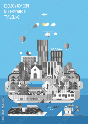 Ecology concept. Abstract image of the modern world - Modern city and agriculture. Transportation by land, water and air.