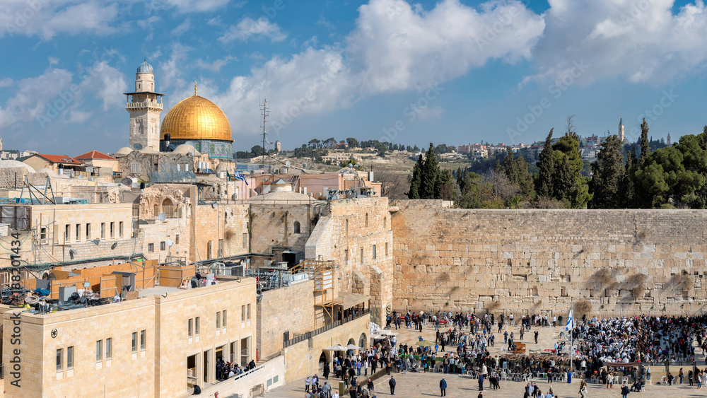 Panorama of Western Wall in Jerusalem Old City, Israel.