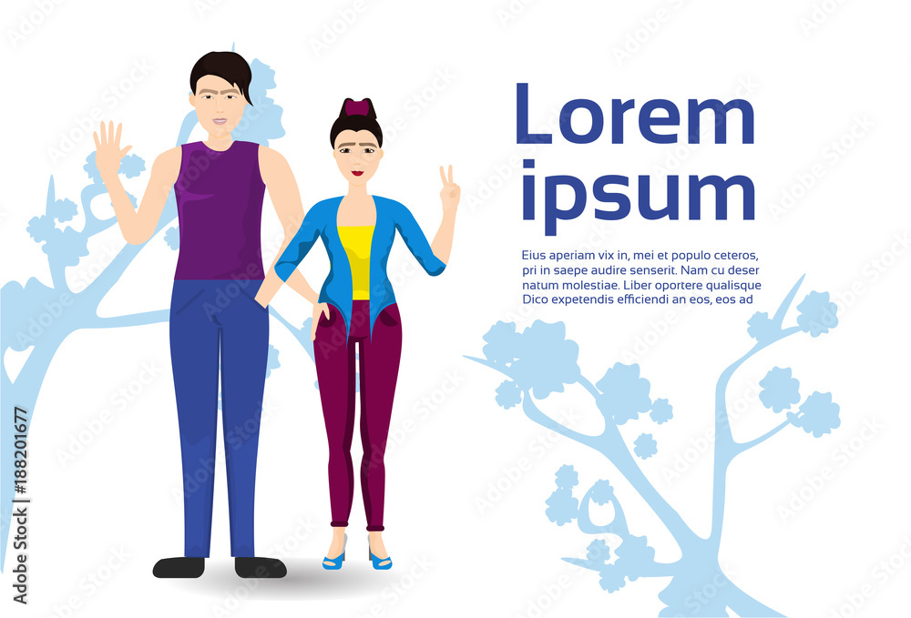 Couple Of Young Korean Man And Woman Standing Showing Victory Hand Gesture Over Natural Background Flat Vector Illustration