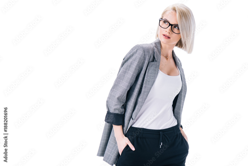 elegant stylish businesswoman in eyeglasses posing in formal wear, isolated on white elegant stylish businesswoman in eyeglasses posing in formal wear, isolated on white