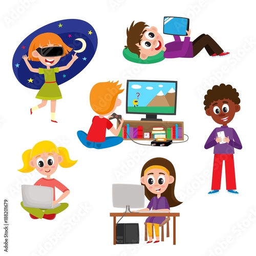 Set of kids, children, teens with gadgets - computer, laptop, tablet, smartphone, game console, virtual reality glasses, cartoon vector illustration isolated on white background. Kids and technologies