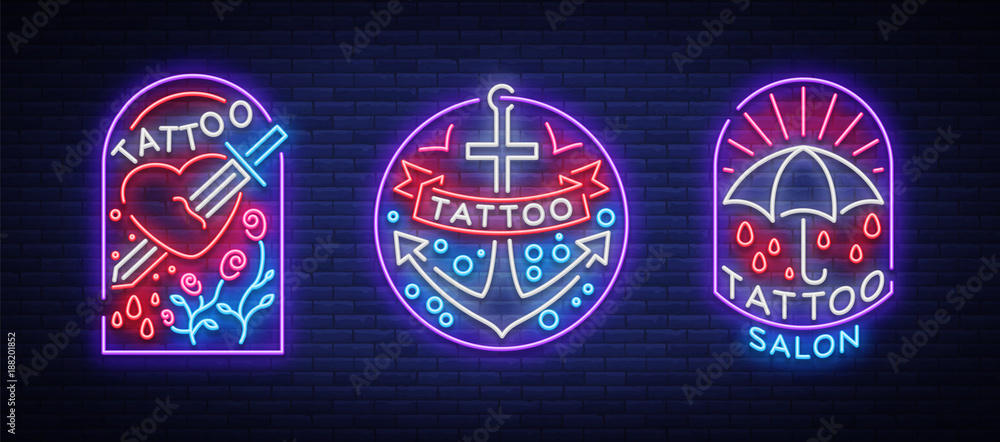 Tattoo parlor set of logos in neon style. Collection of neon signs, emblems, symbols, glowing billboard, neon bright advertising on the theme of tattoos, for tattoo salon, studio. Vector illustration