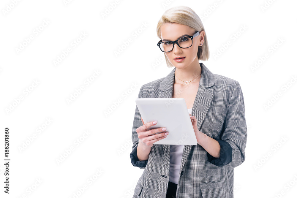 attractive businesswoman in glasses using digital tablet, isolated on white attractive businesswoman in glasses using digital tablet, isolated on white