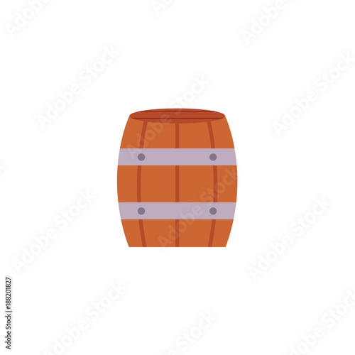 Stylized flat style icon of wooden beer, rum, wine barrel, vector illustration isolated on white background. Flat icon with wooden, oak barrel for wine, rum, beer or gunpowder