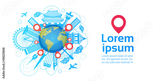 Welcome To South Korea World Globe With Seoul Landmarks Travel And Vacation Destination Concept Flat Vector Illustration