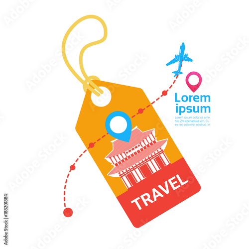 Travel Tag With Plane Template Background South Korea Vacation Destination Concept Flat Vector Illustration