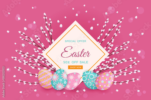 vector easter holiday poster, banner background template with spring festive elements - decorated eggs, easter pussy willow twigs for your design. Isolated on pink background.