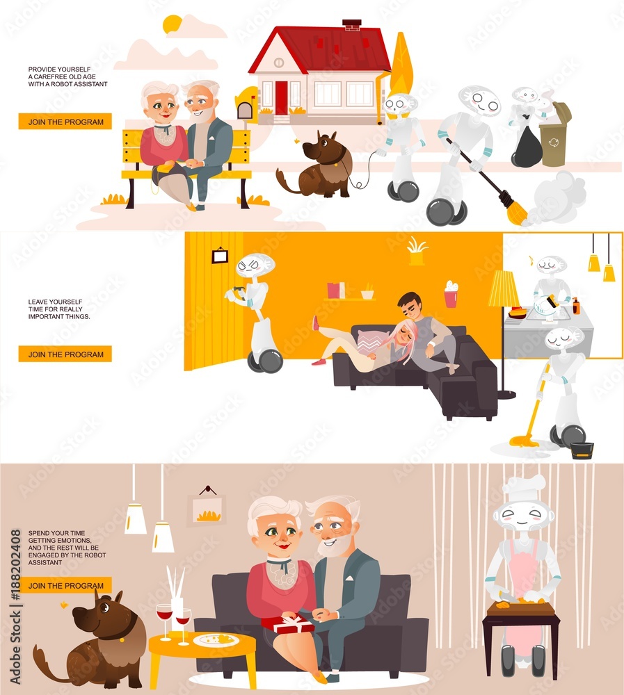 Naklejka Vector robots, artificial intelligence in modern life infographic conseptual posters set. Robots assistants home robots helping with routine household chores, walking with animals, cleaning, repairing