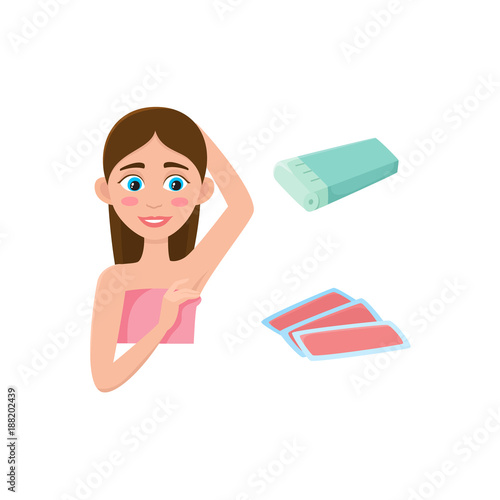 vector flat girl in pink towel showing clean epilated armpit. Hair removal, armpit epilation concept and electric shave, wax strips icon. Isolated illustration on a white background.