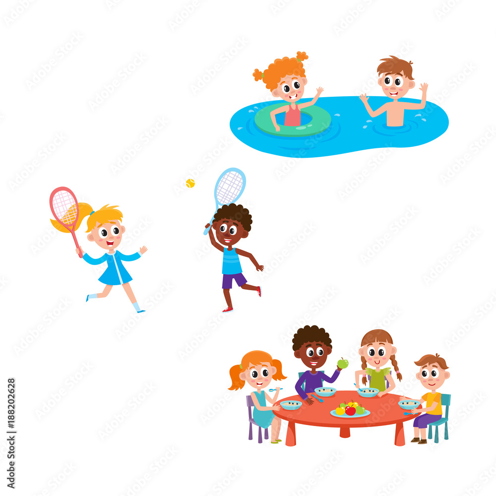 vector summer camp kids set. Caucasian and african Girls and boys eating porridge, fruits vegetables at table, swimming in water, playing badminton. Isolated illustration white background vector summer camp kids set. Caucasian and african Girls and boys eating porridge, fruits vegetables at table, swimming in water, playing badminton. Isolated illustration white background