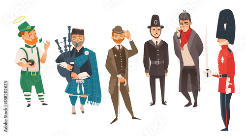 vector cartoon people in United kingdom national costumes set. scotland bagpiper in holding bagpipe, Irish man leprechaun holding clover, english victorian gentleman, detective, queen guard, policeman