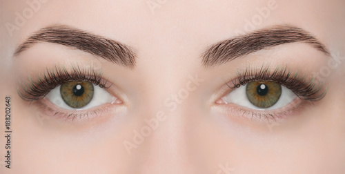 Eyelash extension procedure close up. Beautiful Woman with long lashes in a beauty salon. Look at the camera.