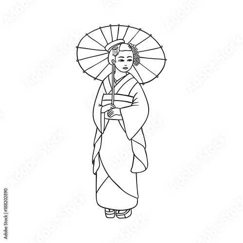 Full length portrait of beautiful geisha in Japanese kimono with paper umbrella, cartoon vector illustration on white background. Beautiful Japanese, Asian geisha, woman in kimono with umbrella
