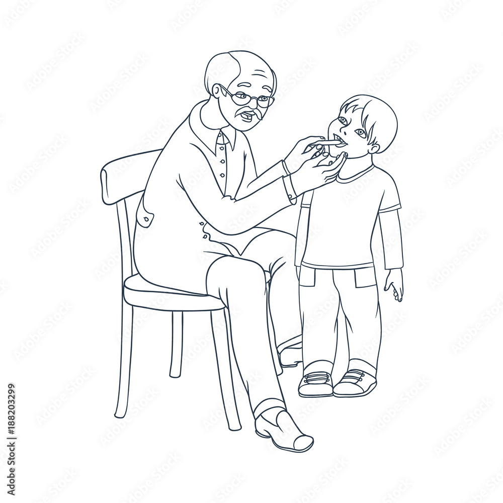 vector flat cartoon male grey-haired doctor examining teen boy kid temperature by mouth thermometer. Man pediatrician in medical clothing and child. Isolated illustration on a white background vector flat cartoon male grey-haired doctor examining teen boy kid temperature by mouth thermometer. Man pediatrician in medical clothing and child. Isolated illustration on a white background