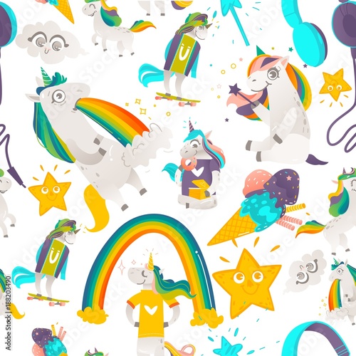 Seamless pattern with funny cute unicorn characters, stars and rainbows, flat cartoon vector illustration on white background. Rainbow unicorn characters, ice cream, stars and clouds seamless pattern