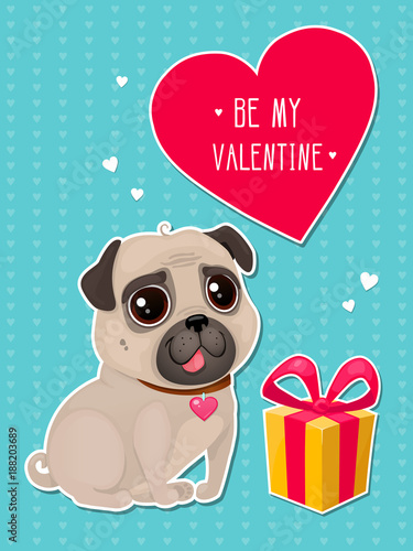 Greeting card for Valentine's Day with a cute pug and gift in cut out style. Cartoon dog with heart on striped background. Vector illustration for a postcard or a poster. Text "Happy Valentine's Day".