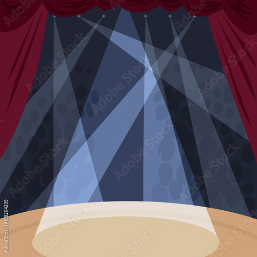 View from stage with spotlight beams of auditorium or orchestra with audience. Interior of theater or concert hall. Simplified realistic hand draw comic art style