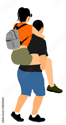 The boy is carrying a girl on the back vector illustration isolated on white background. Funny game between close friends. Couple in love funny situation.