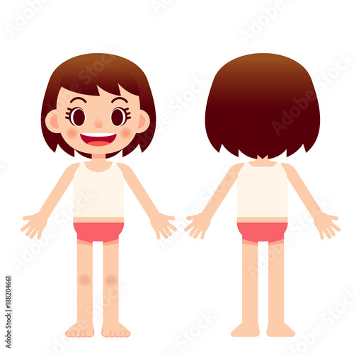 Vector cute kid, girl character showing parts of the body isolated on white background.