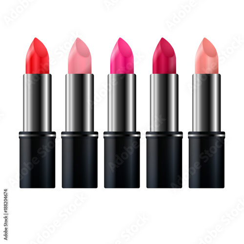 Set of color lipsticks. Red, pink, orange, wine. Red pomade set isolated on white background. lip rouge