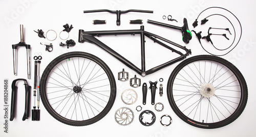 Cuadro en lienzo top view still life of bicycle parts, and equipment on the white