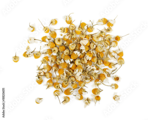 Dried chamomile flowers isolated on white background, top view. photo