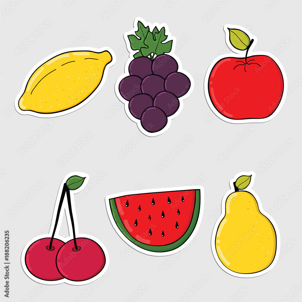 Set of stickers with colorful hand drawn fruits Set of stickers with colorful hand drawn fruits