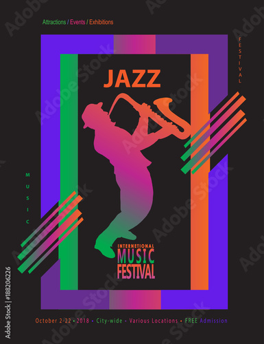 Festival music, jazz, song pop, disco, dance, club, Holiday colorful modern poster, flyer, brochure cover layout vector. Abstract composition with geometric dynamic shapes modern design template.