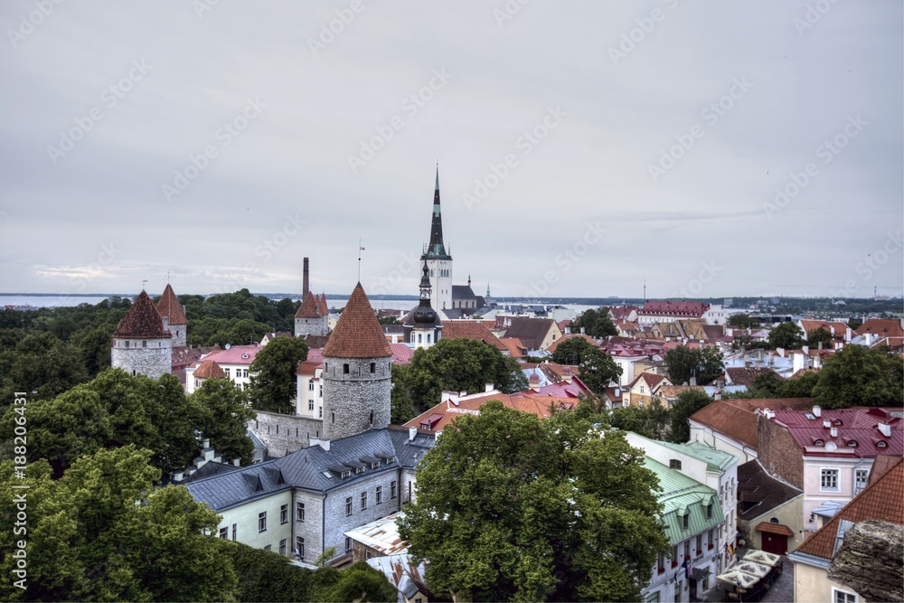 General view of Tallinn old town from the steeple of St. Olav's church, Tallinn, Estonia