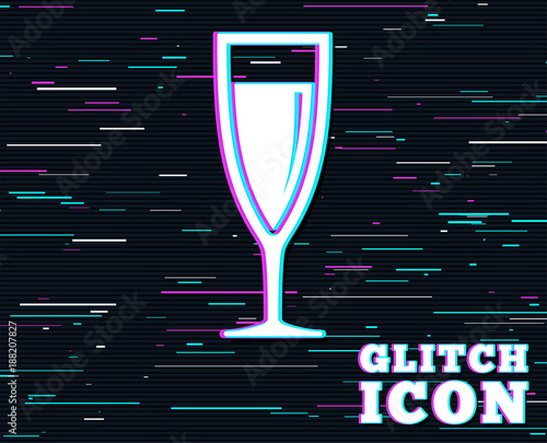 Glitch effect. Glass of champagne sign icon. Sparkling wine. Celebration or banquet alcohol drink symbol. Background with colored lines. Vector