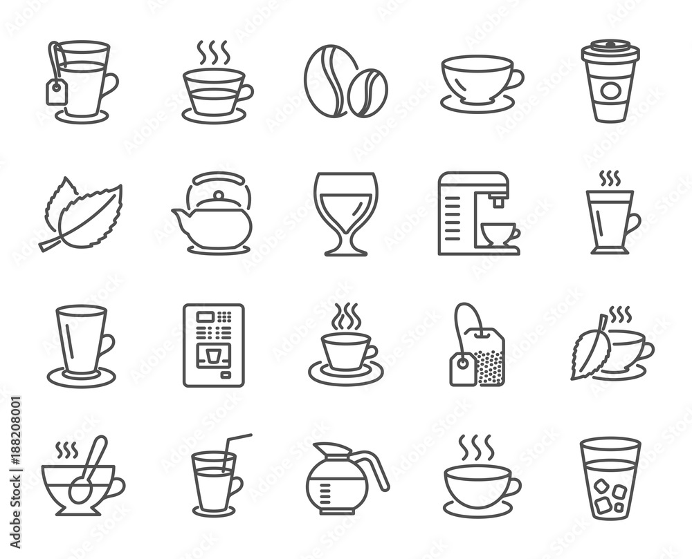Coffee and Tea line icons. Set of Cappuccino, Juice with ice and Latte signs. Teapot, Coffeepot and Hot drink with Steam. Mint leaf, Herbal beverage and Vending symbols. Quality design elements Coffee and Tea line icons. Set of Cappuccino, Juice with ice and Latte signs. Teapot, Coffeepot and Hot drink with Steam. Mint leaf, Herbal beverage and Vending symbols. Quality design elements