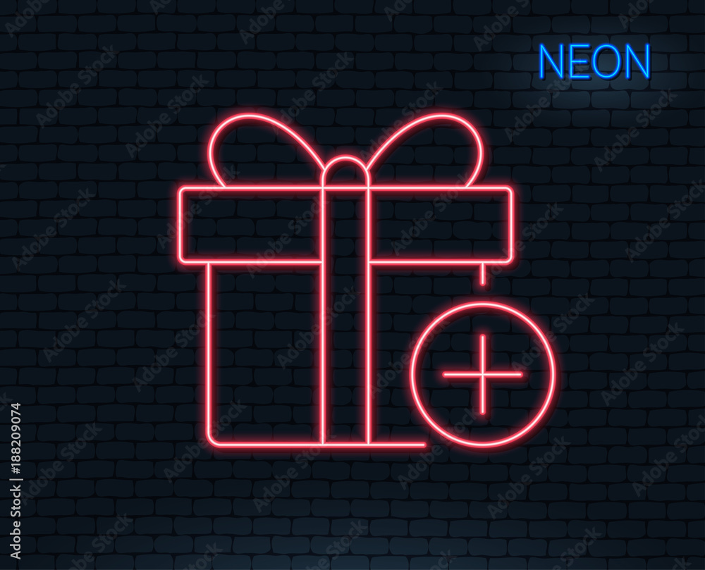 Neon light. Add Gift box line icon. Present or Sale sign. Birthday Shopping symbol. Package in Gift Wrap. Glowing graphic design. Brick wall. Vector