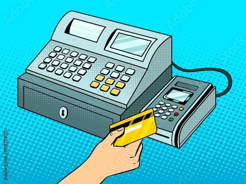 Cash register with pos terminal pop art vector