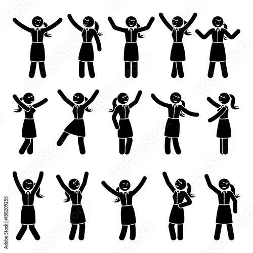 Stick figure happiness, hands up, motion woman set. Vector illustration of celebration poses black and white pictogram