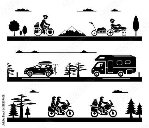Various types of transport. Illustration in form of pictograms which represent travel by bike, motorcycle, car and with camp trailer.