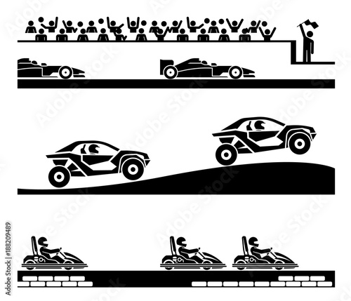 Concept of various racing sports. Various models and levels of car racing, carting, off-road racing and formula. Modern extreme adrenaline sports.