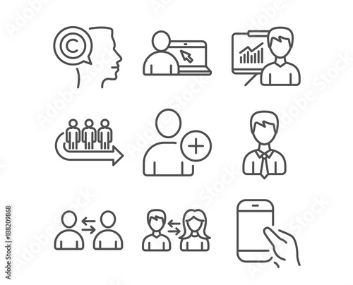 Set of Communication, Queue and People communication icons. Add user, Online education and Presentation signs. Writer, Businessman and Hold smartphone symbols. Vector