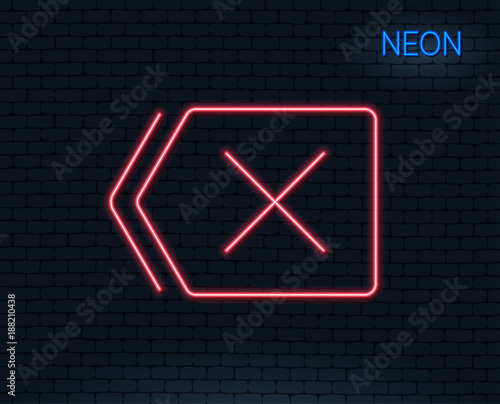 Neon light. Delete line icon. Remove sign. Cancel or Close symbol. Glowing graphic design. Brick wall. Vector