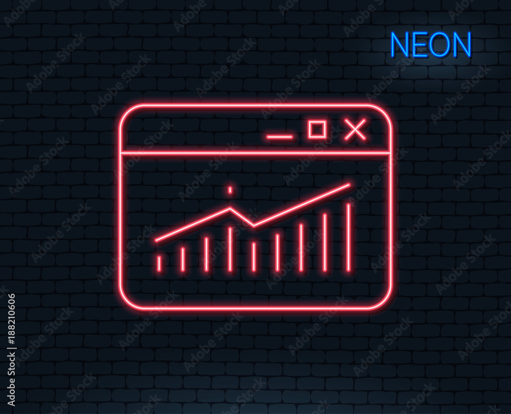 Neon light. Website Traffic line icon. Report chart or Sales growth sign. Analysis and Statistics data symbol. Glowing graphic design. Brick wall. Vector Neon light. Website Traffic line icon. Report chart or Sales growth sign. Analysis and Statistics data symbol. Glowing graphic design. Brick wall. Vector